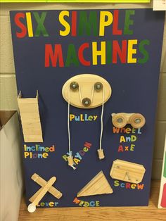 a sign that says six simple machines with wooden pegs attached to the front and sides