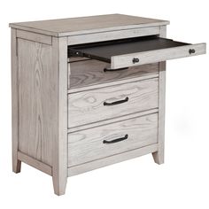 a wooden desk with two drawers and an open drawer