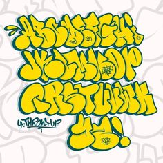 the graffiti font is yellow and has black letters on it, with green lettering underneath