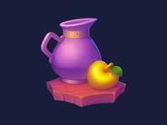 a purple jug and an apple on a table with a black background in the middle