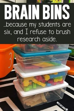 there are three plastic bins on the floor with words above them that read, brain bins because my students are six and i refuse to brush research aside