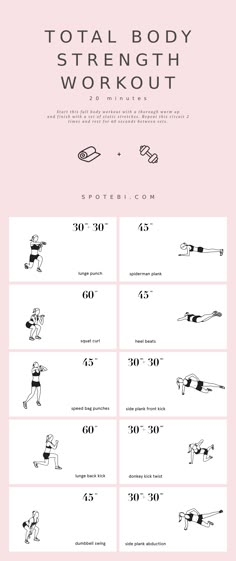 a poster with the words total body strength workout written in black and white on it