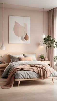 a bedroom with pink walls and wooden furniture