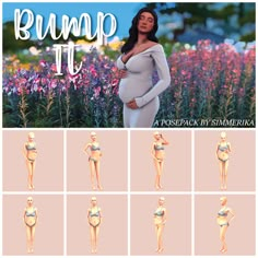 a pregnant woman poses in front of flowers and the words bump it on her stomach