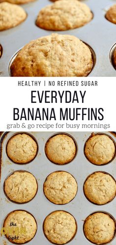 banana muffins in a baking pan with text overlay