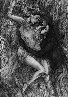 a drawing of two people dancing together in the woods, one is holding an apple