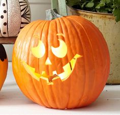 two pumpkins with faces carved into them sitting on a table next to potted plants