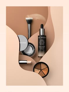 various makeup products are displayed on a beige background