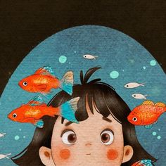 a painting of a girl with fish on her head and an aquarium in the background