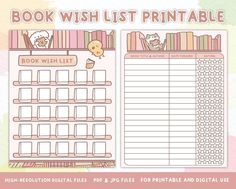 the book wish list printable is shown with an image of bookshelf and cupcake