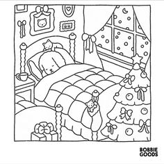 a coloring page with a bed and christmas tree