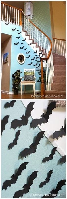 the stairs are decorated with bats for halloween