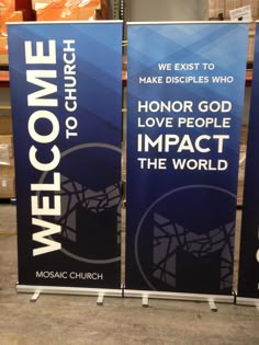 two blue banners with the words welcome to god and hope for people impact the world