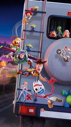 the movie poster for toy story starring woody, buzz and friends in front of a bus