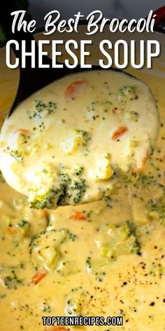 the best broccoli cheese soup in a bowl with a ladle scooping out