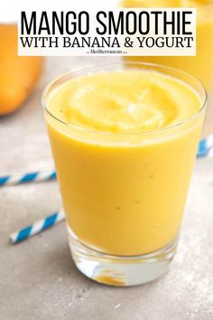 mango smoothie with banana and yogurt in a glass