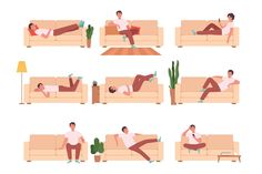 man lying on the couch and relaxing in different positions, set of illustrations with male characters