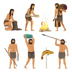 the people are in different poses with their spears and other things to use for cooking