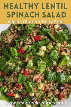 healthy lentil spinach salad with vegan, gluten and dairy free dressing