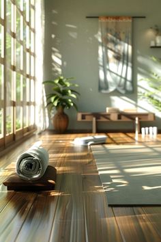 Tranquil Yoga Room Ideas with Natural Light and Greenery Zen Den Yoga Room, Study And Meditation Room, Turn Closet Into Meditation Room, Yoga And Nature, Zen Sunroom, Yoga Aesthetic Nature, At Home Yoga Space, Yoga Guest Room