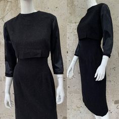 Ultra Chic And Ultra Rare 1950’s Lanvin Dress With The Jeanne Lanvin/Castillo Label. To Me This Is As Special As A Vintage Chanel! Incredible “Shaggy” Fabric. A Very Rare And Unique Fabric For The Era. I’m Guessing The Fibers To Be Mohair, But I’m Not Entirely Sure. I Do Think They Are Natural And Not Synthetic. The Main Body Of The Dress Is Lightweight Wool And The Sleeves Are Black Satin. The Fibers Catch The Light And Glint Beautifully. The Satin On One Sleeve Is Stressed. Overall In Very Goo Black Fitted Dress For Vintage Events, Fitted Black Dress For Vintage Events, Fitted Vintage Midi Dress For Evening, Fitted Black 1950s Dress, Fitted Black Dress 1950s Style, Black Fitted 1950s Style Dress, Fitted Black Dress In 1950s Style, Fitted Black Vintage Dress For Work, Black Fitted Vintage Dress For Work