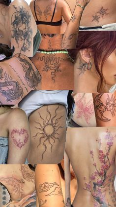 many different pictures of women with tattoos on their backs and back, all showing the same colors