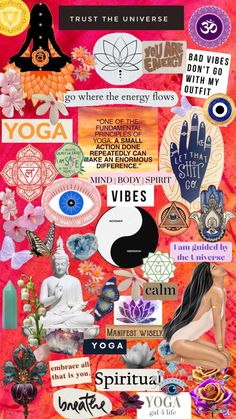 a collage of images with words and symbols on them, including buddha's hands