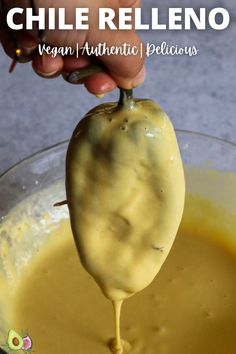 a person is dipping some food into a glass bowl with the words vegan authentic pelicaas on it