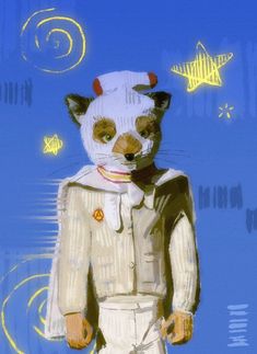 a painting of a cat dressed up as a sailor in white with stars around it