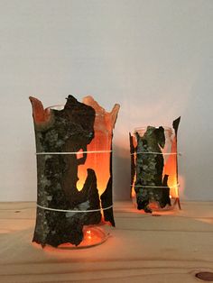 there are two candles that have been made out of tree trunks and wire wrapped around them