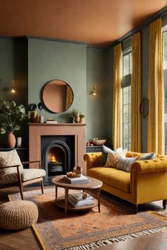 a living room filled with furniture and a fire place