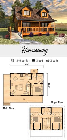 the floor plan for a small cabin house with lofts and living quarters, is shown in