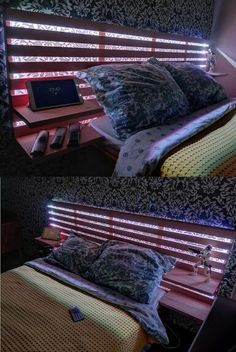 two pictures of a bed with pillows and blankets on it, one is lit up