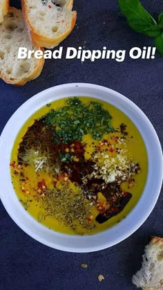 bread and dipping oil in a white bowl