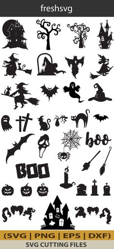 halloween silhouettes, including bats and pumpkins with the words fresh svg on them