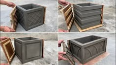 four pictures showing how to make a planter out of cinder blocks and plywood