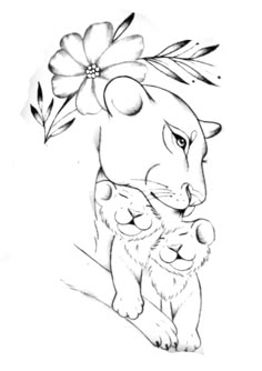 a drawing of a cat holding a baby kitten with flowers on it's head