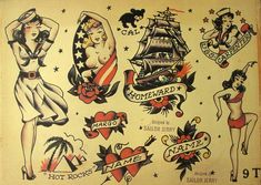 an old school tattoo flash sheet with women and tattoos on it's sides, from the 1950's