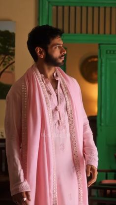 Pink Kurta For Men, Tattoed Guys, Pink Shirt Outfit, Pink Colour Dress, Haldi Ceremony Outfit, Stylish Mens Suits