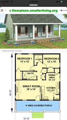 the floor plan for a small house with two bedroom and an attached porch, is shown in