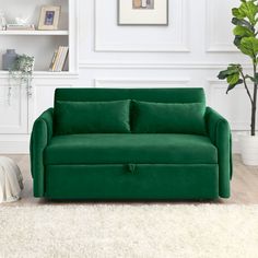 a green couch sitting on top of a white rug next to a book shelf and potted plant