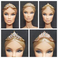 four photos of a barbie doll wearing a tiara and makeup looks like she is going to be married