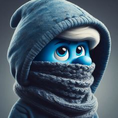 a cartoon character wearing a blue hoodie with big eyes and a scarf around his neck