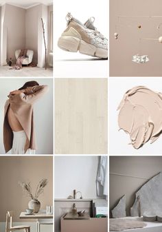 the collage shows different types of furniture and accessories in neutral colors, including shoes