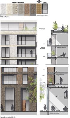 three different views of an apartment building with people walking on the sidewalk and standing outside