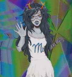 a drawing of a woman with horns and glasses on her head, wearing a white dress