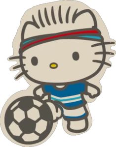 a hello kitty holding a soccer ball and wearing a bandana on it's head