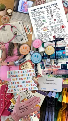 a collage of various items that include clothing, books and paper