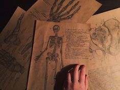 a person's hand is on top of some old paper with drawings of human bones