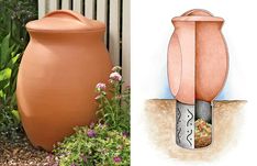 an image of a large clay pot in the ground next to a planter and flower bed